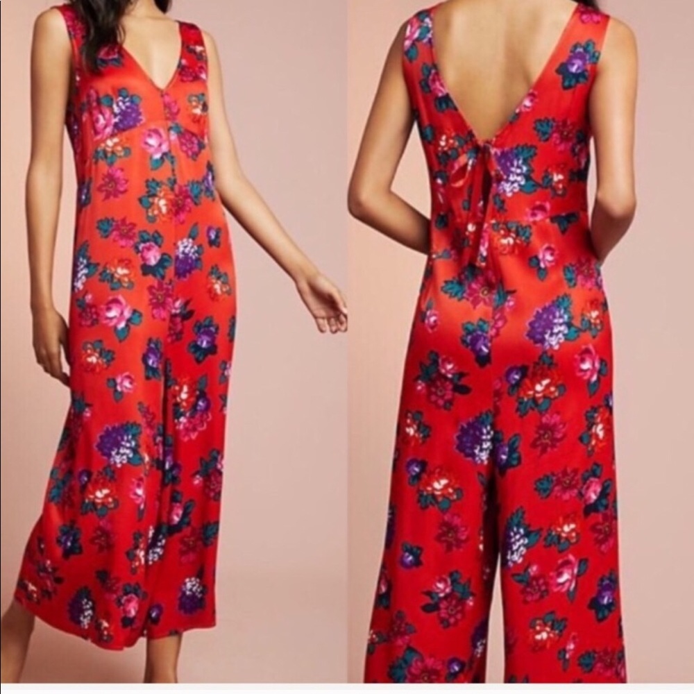 - Anthro Floreat Red Floral Jumpsuit